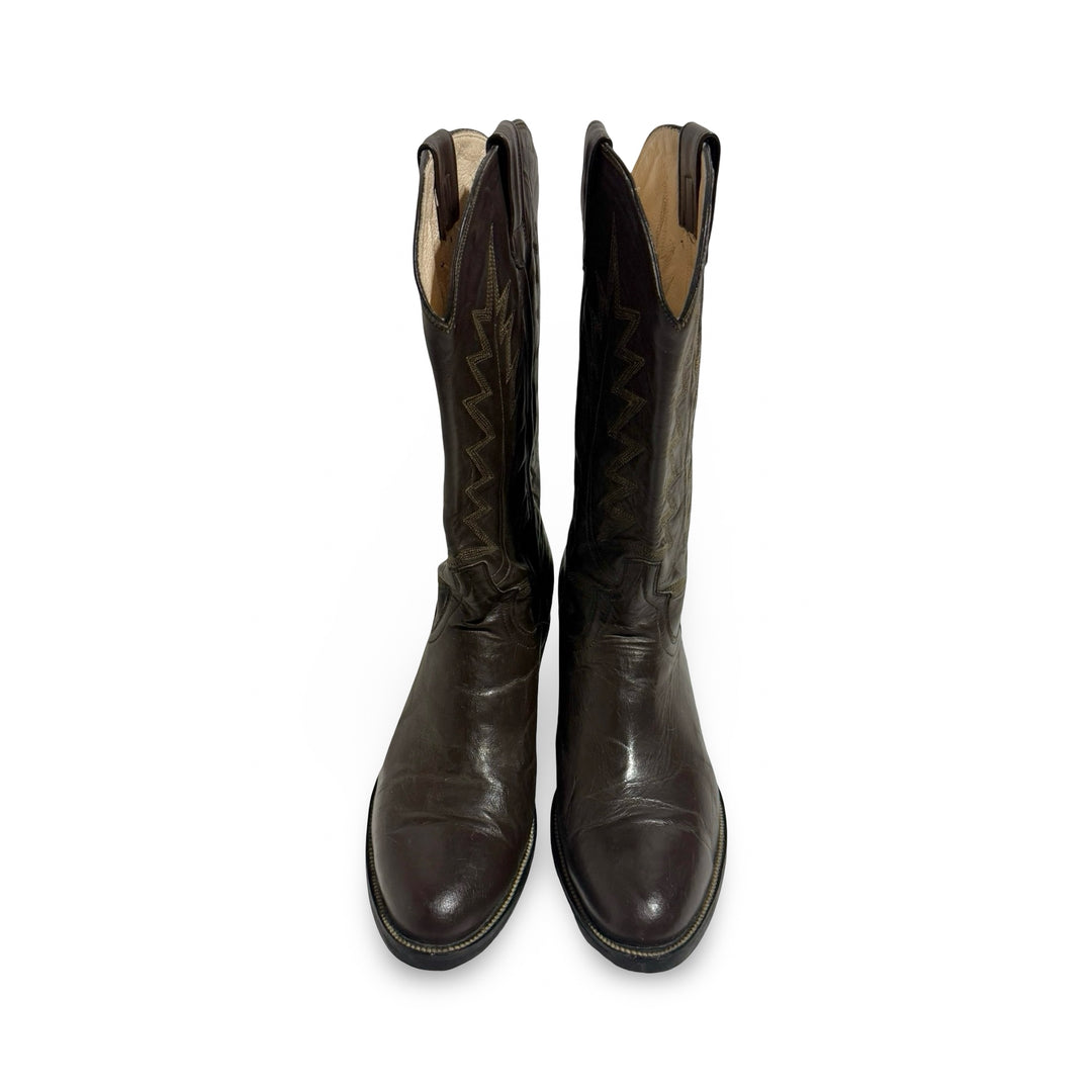 1970’S DEADSTOCK CUSTOM MADE IN USA EMBROIDERED DARK BROWN COWBOY BOOTS 10
