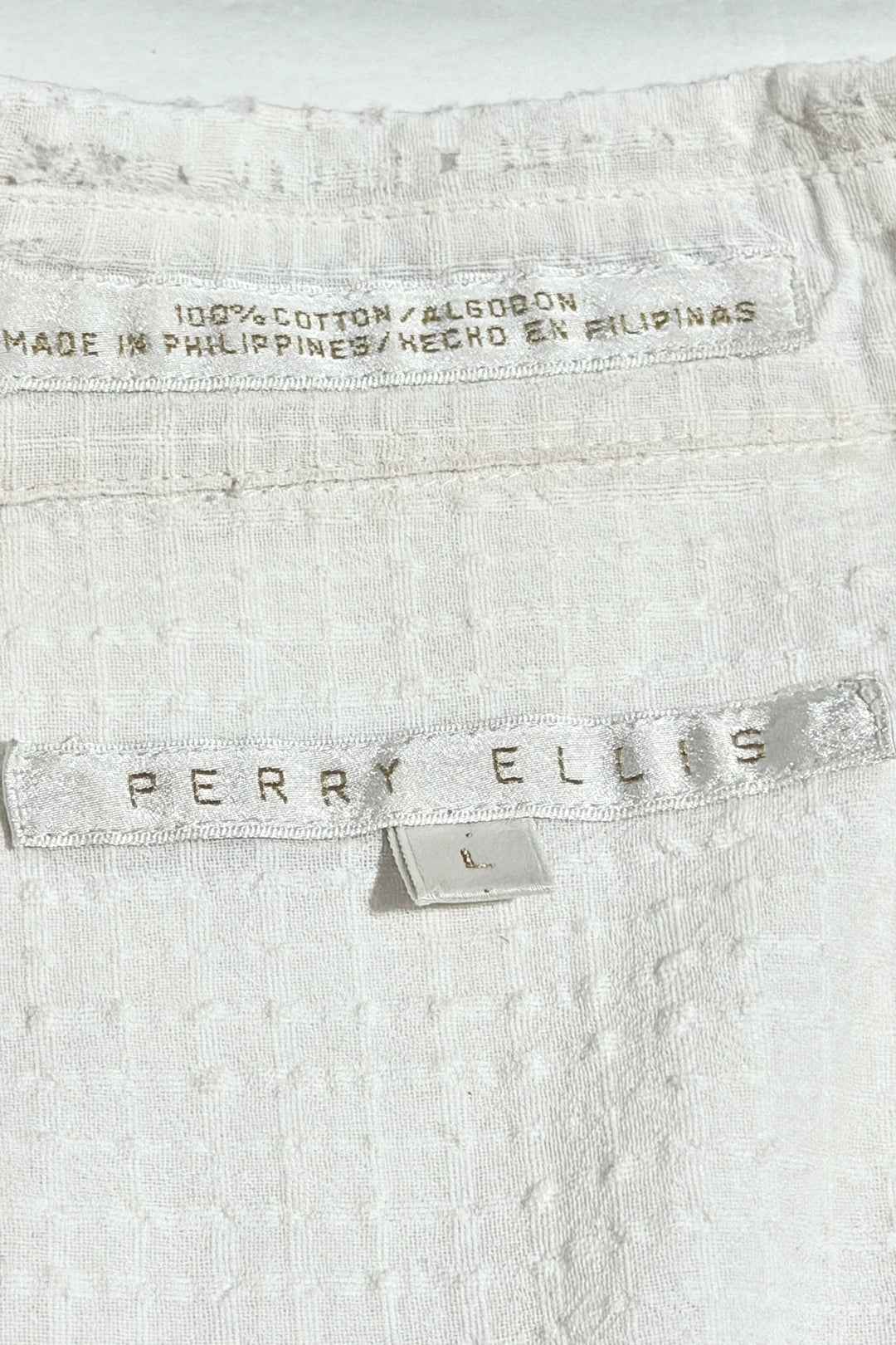1980’S PERRY ELLIS CROPPED WAFFLE WEAVE COTTON LOOP COLLAR S/S B.D. SHIRT LARGE