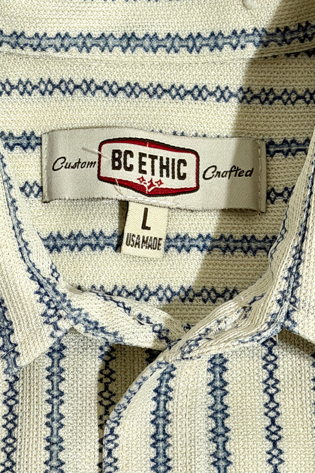 1990’S BC ETHIC MADE IN CROPPED USA STRIPED KNIT CAMP COLLAR S/S B.D. SHIRT LARGE