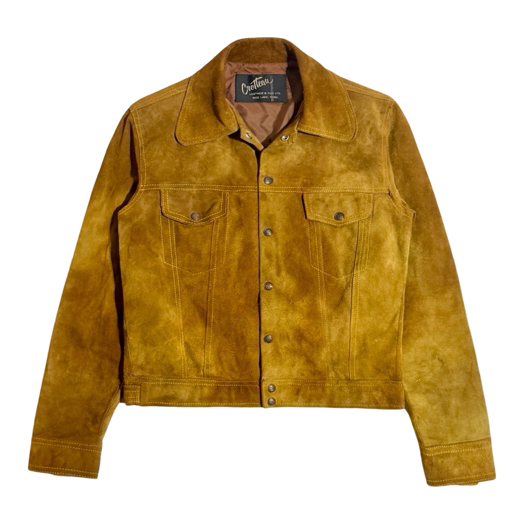 1950’S CROFFEAU MADE IN USA FADED CROPPED COGNAC LEATHER SUEDE WESTERN TRUCKER JACKET LARGE