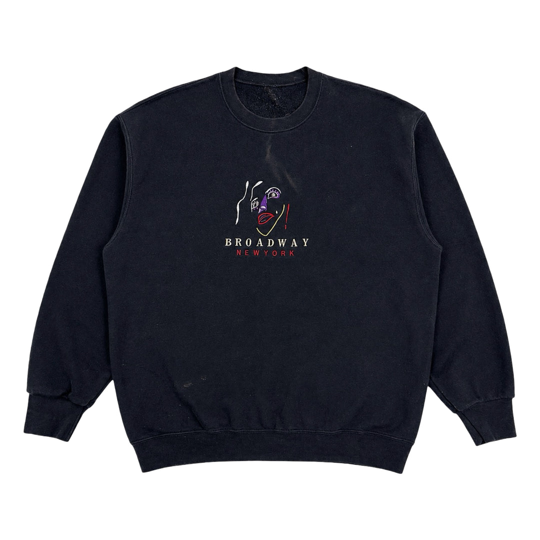 1990’S BROADWAY NEW YORK EMBROIDERED BLACK FLEECE CREWNECK SWEATER X-LARGE