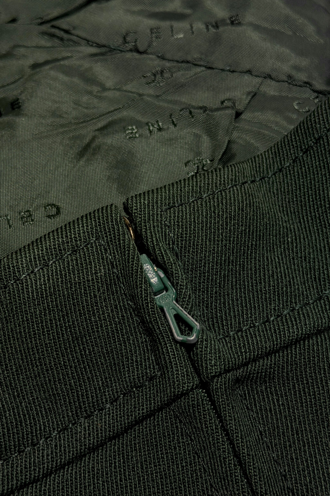 1970’S CELINE MADE IN FRANCE PLEATED HORSEBIT DARK FOREST GREEN TWILL SKIRT SIZE 44