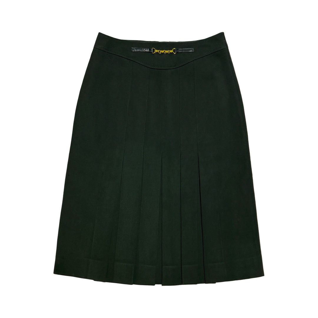 1970’S CELINE MADE IN FRANCE PLEATED HORSEBIT DARK FOREST GREEN TWILL SKIRT SIZE 44