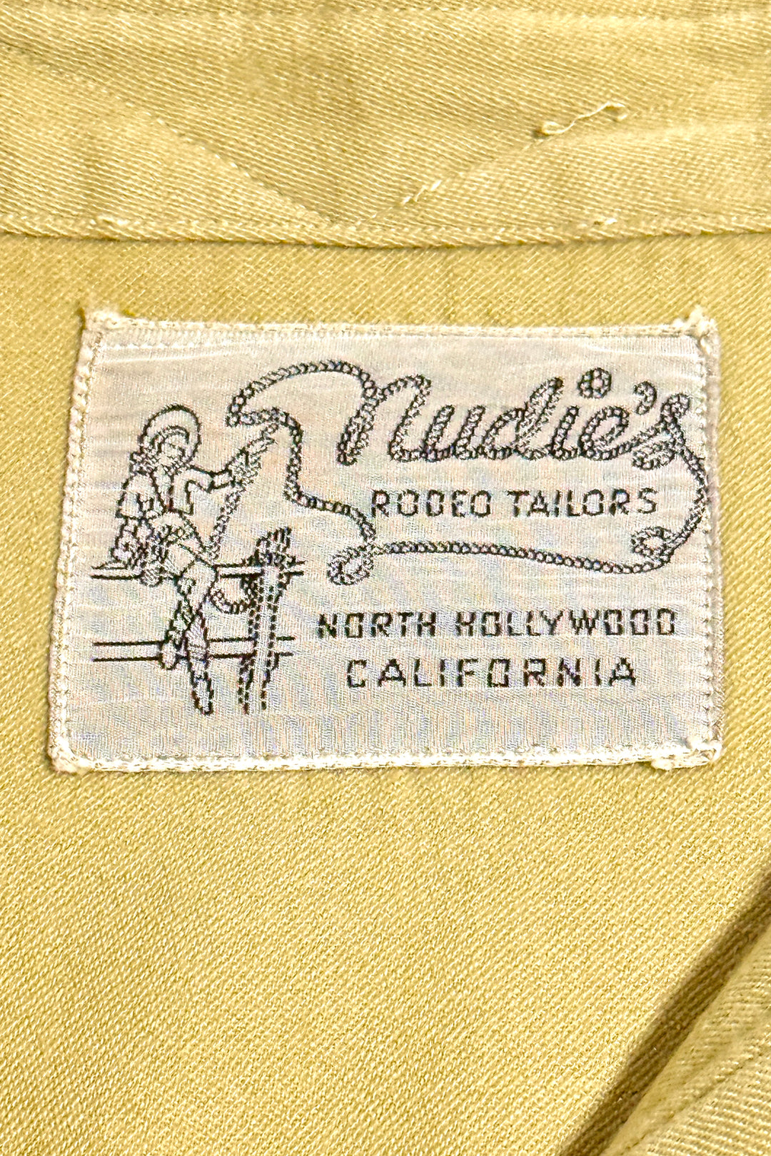 1950’S NUDIE’S RODEO TAILORS MADE IN USA BESPOKE WOOL GABARDINE REAL MOTHER OF PEARL SNAP L/S B.D. WESTERN SHIRT LARGE