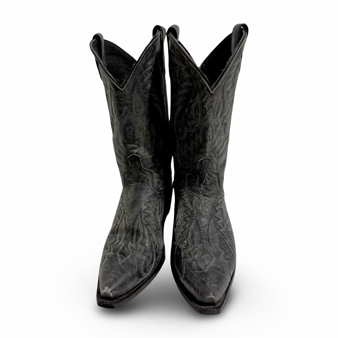 2000’S LAREDO FADED BLACK LEATHER TRIBAL EMBROIDERED SNIP TOE COWBOY BOOTS 12