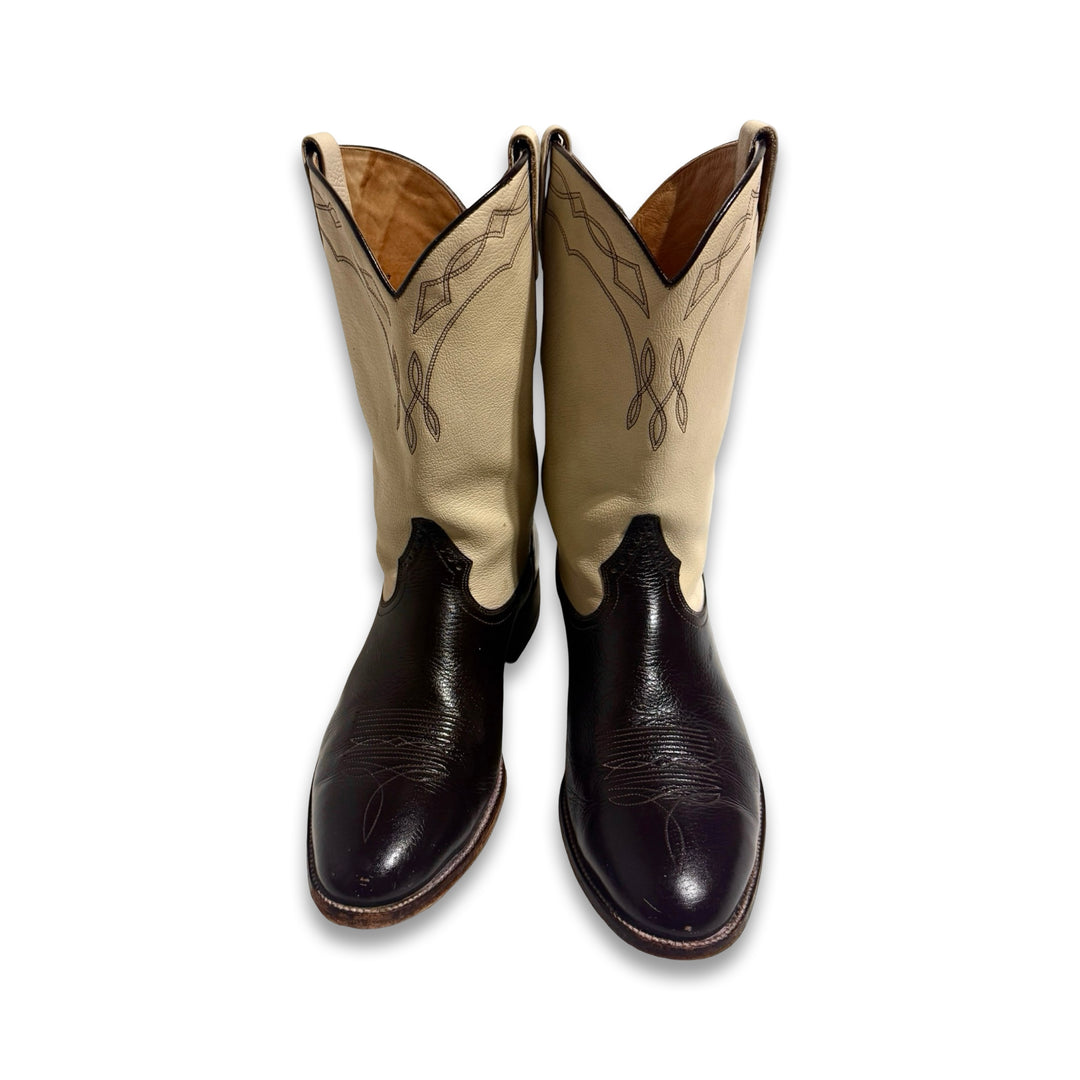 2000’S CHRIS ROMERO HANDCRAFTED DUAL TONE DARK BROWN / OFF WHITE EMBROIDERED COWBOY BOOTS 10.5