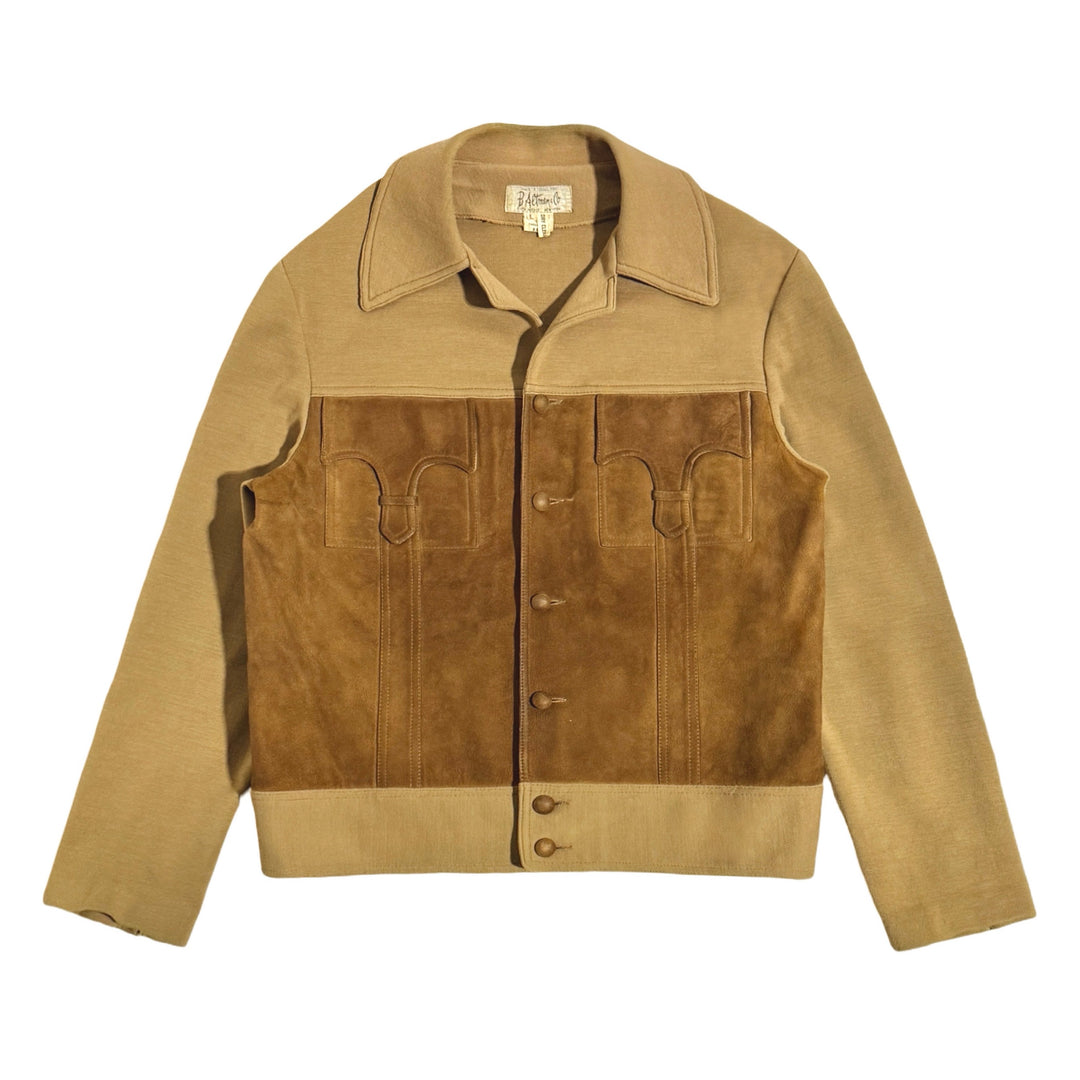 1960’S B ALTMAN & CO FIFTH AVENUE CROPPED WESTERN SUEDE LAMBSKIN LEATHER KNIT VIRGIN LAMBSWOOL TRUCKER JACKET MEDIUM