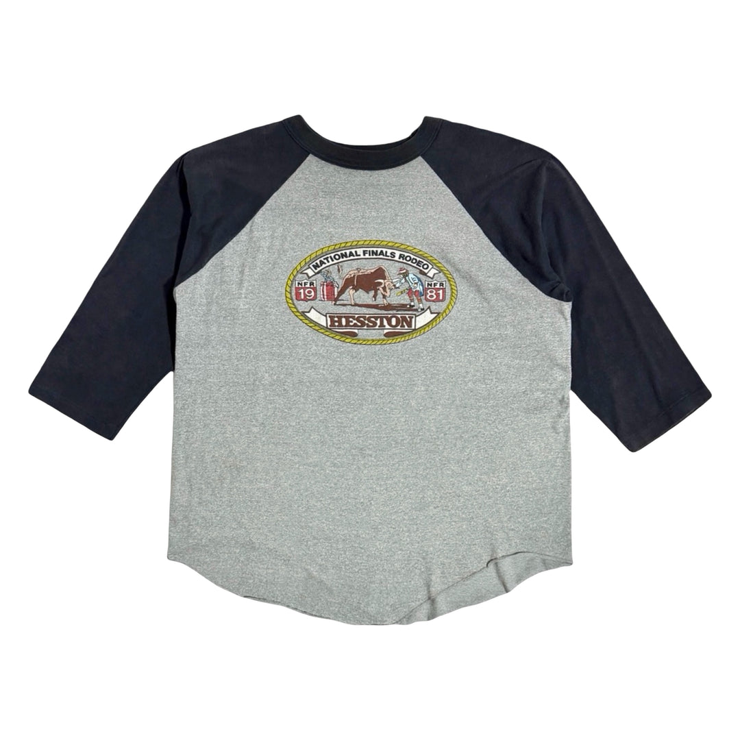 1980’S HESSTON NATIONAL FINALS RODEO MADE IN USA GREY NAVY RAGLAN 3/4 SLEEVE T-SHIRT MEDIUM