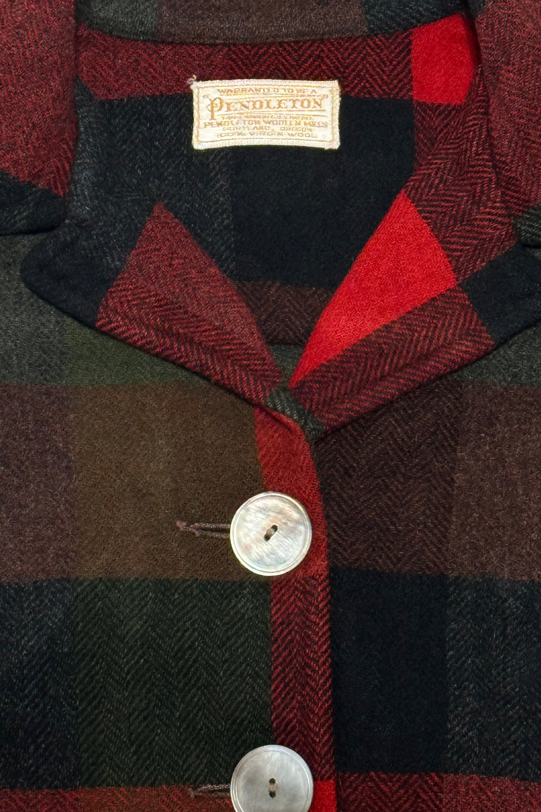 1950’S PENDLETON 49ER WOOL RED AND GREEN TARTAN JACKET WITH SHELL BUTTONS LARGE