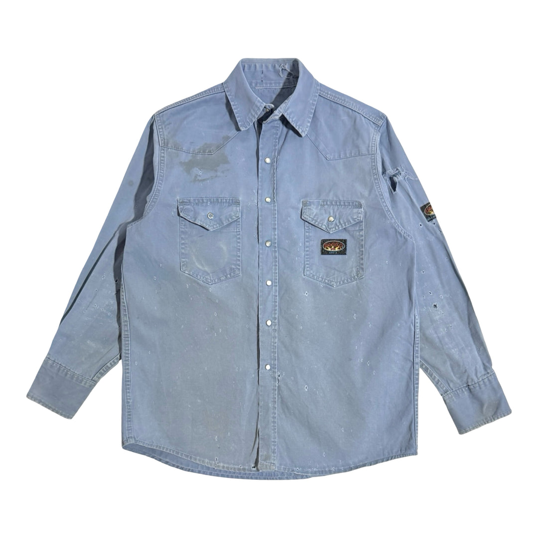 1990’S RASCO MADE IN USA THRASHED & FADED WESTERN HEAVY TWILL PEARL SNAP L/S B.D. SHIRT XXL