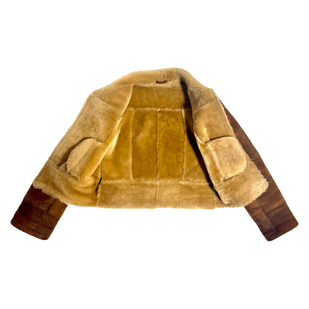 1990’S OVERLAND CROPPED COGNAC BROWN SHEEPSKIN SUEDE &amp; SHEARLING JACKET WOMEN’S MEDIUM / MEN’S SMALL