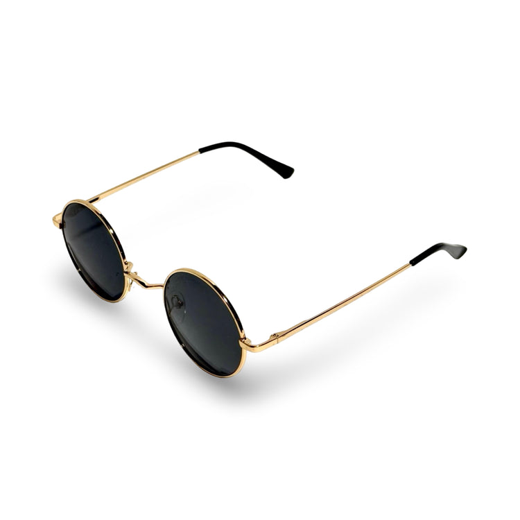 1970'S GOLD ROUND WIRE FRAME BLACK LENS SUNGLASSES
