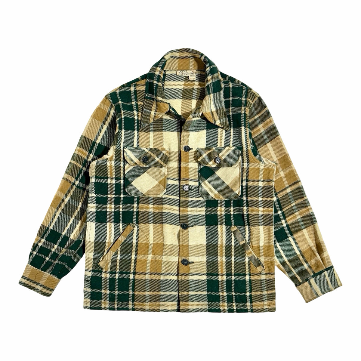 LL Bean tan and green plaid wool shirt jacket front, men's large