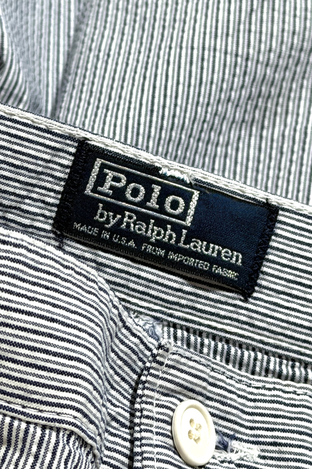 1980’S POLO RALPH LAUREN MADE IN USA PLEATED NAVY SEERSUCKER 8.5” SHORTS 36
