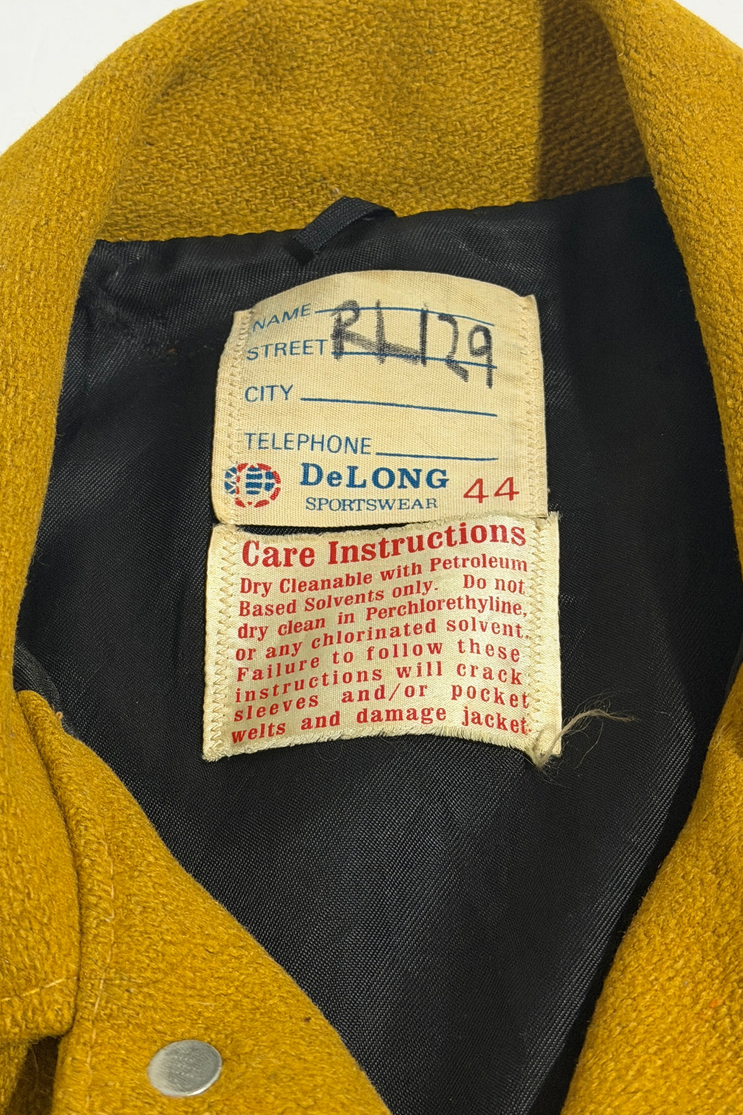 1970’S DELONG SPORTSWEAR MADE IN USA FADED &amp; THRASHED CROPPED MUSTARD / WHITE WOOL VARSITY JACKET LARGE