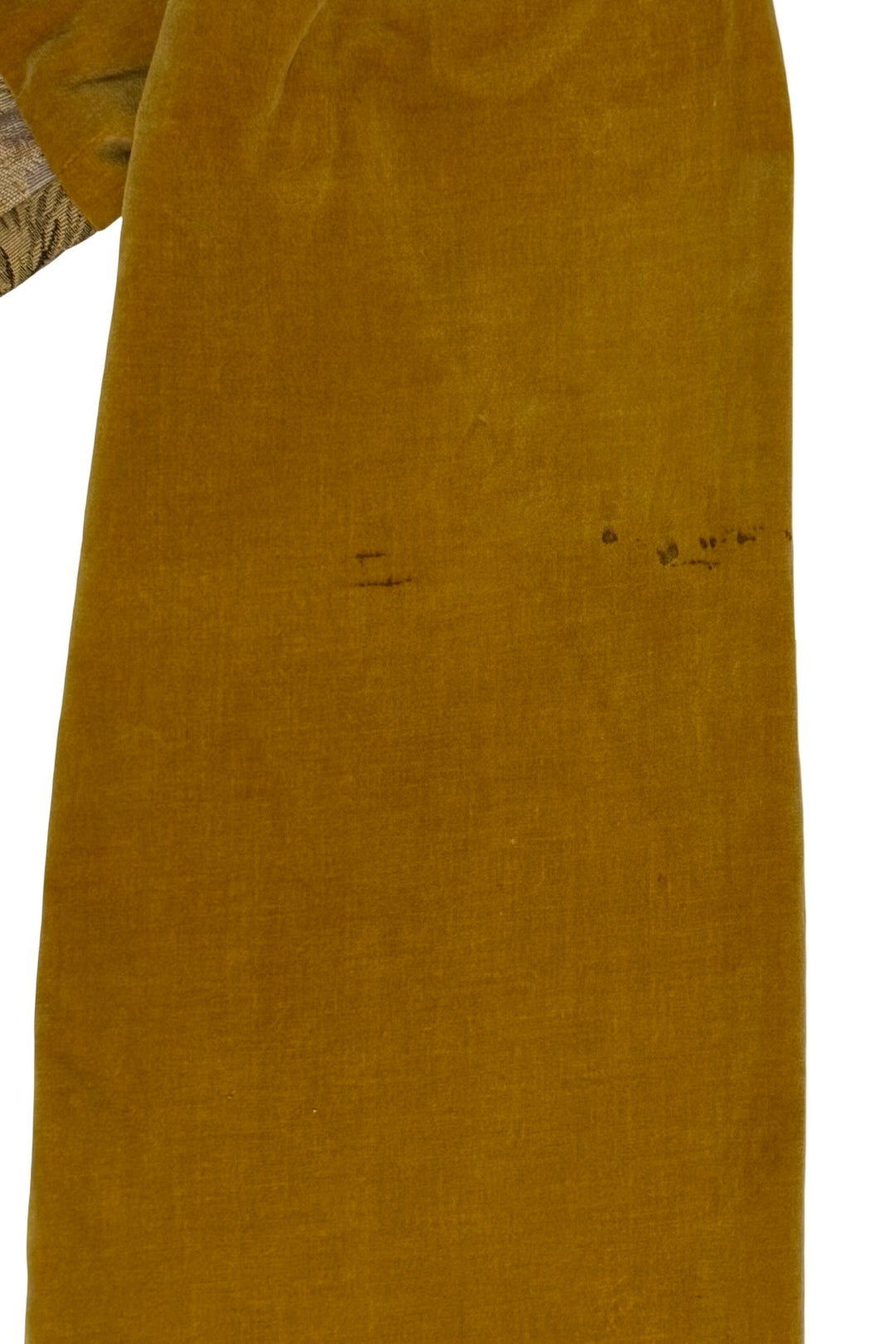 1960’S SCENIC FRENCH MARKET TAPESTRY MADE IN USA GOLDEN MUSTARD VELVET &amp; BELL-SLEEVE RENAISSANCE REVIVAL MINI GOWN SMALL