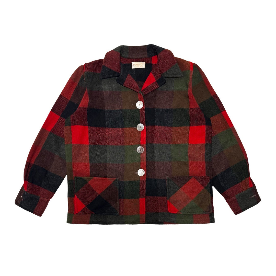 1950’S PENDLETON 49ER WOOL RED AND GREEN TARTAN JACKET WITH SHELL BUTTONS LARGE