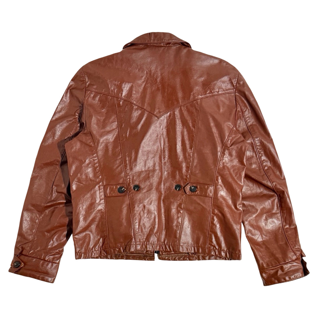1960’S VAN CORT MADE IN USA CROPPED BOURBON LEATHER WESTERN REMOVABLE SHERPA LINED JACKET LARGE