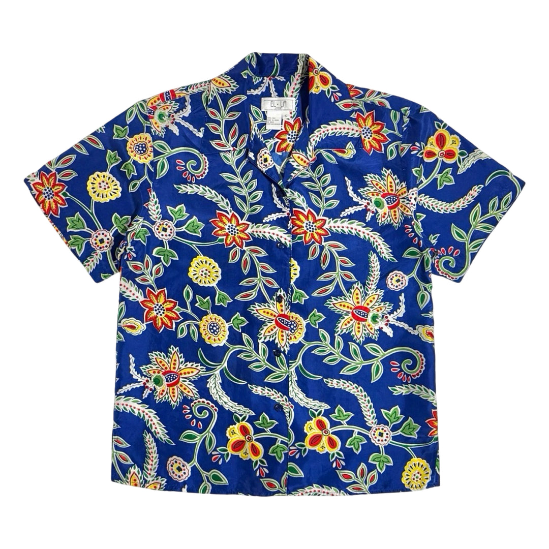 1980’S FLORAL PRINT 100% SILK CROPPED LOOP COLLAR AND 6” SHORTS MEDIUM