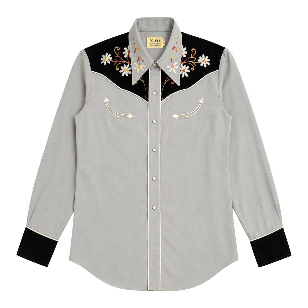 1950’S FOLEY’S MEN’S SHOPS HOUSTON MADE IN USA CHAINSTITCHED FLORAL TWO TONE GRAY & BLACK SMILE POCKET SELVEDGE GABARDINE WESTERN PEARL SNAP L/S B.D. SHIRT X-LARGE