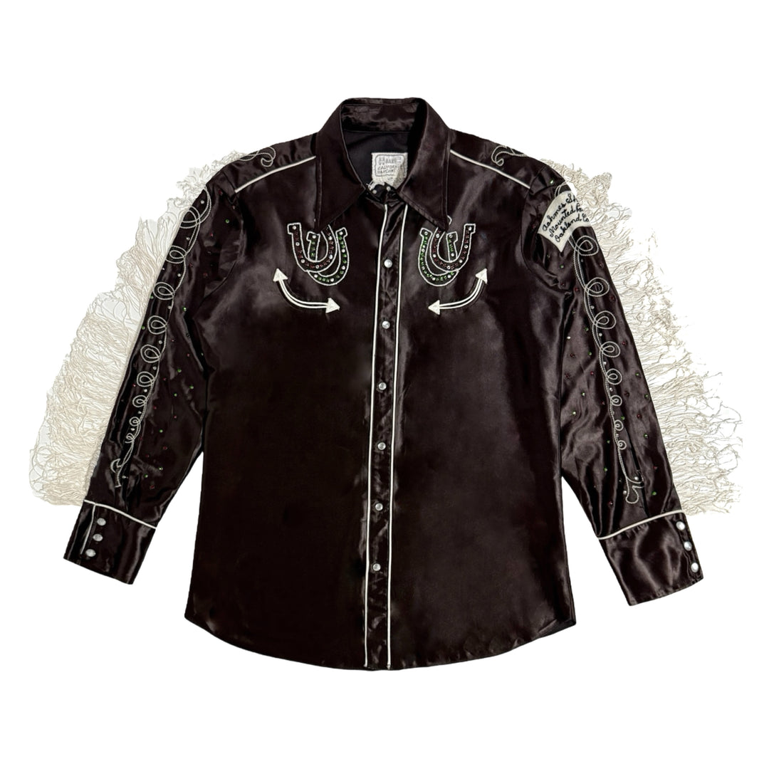 1970’S H BAR C MADE IN USA “OAKLAND CALIFORNIA SHRINER MOUNTED PATROL 🐴” SATIN CHAINSTITCHED RHINESTONE FRINGED WESTERN PEARL SNAP L/S B.D SHIRT LARGE