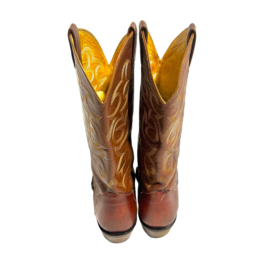 1990’S NACONA BOOTS MADE IN USA BROWN LIZARD 🦎 LEATHER EMBROIDERED ROUND TOE COWBOY BOOTS 10
