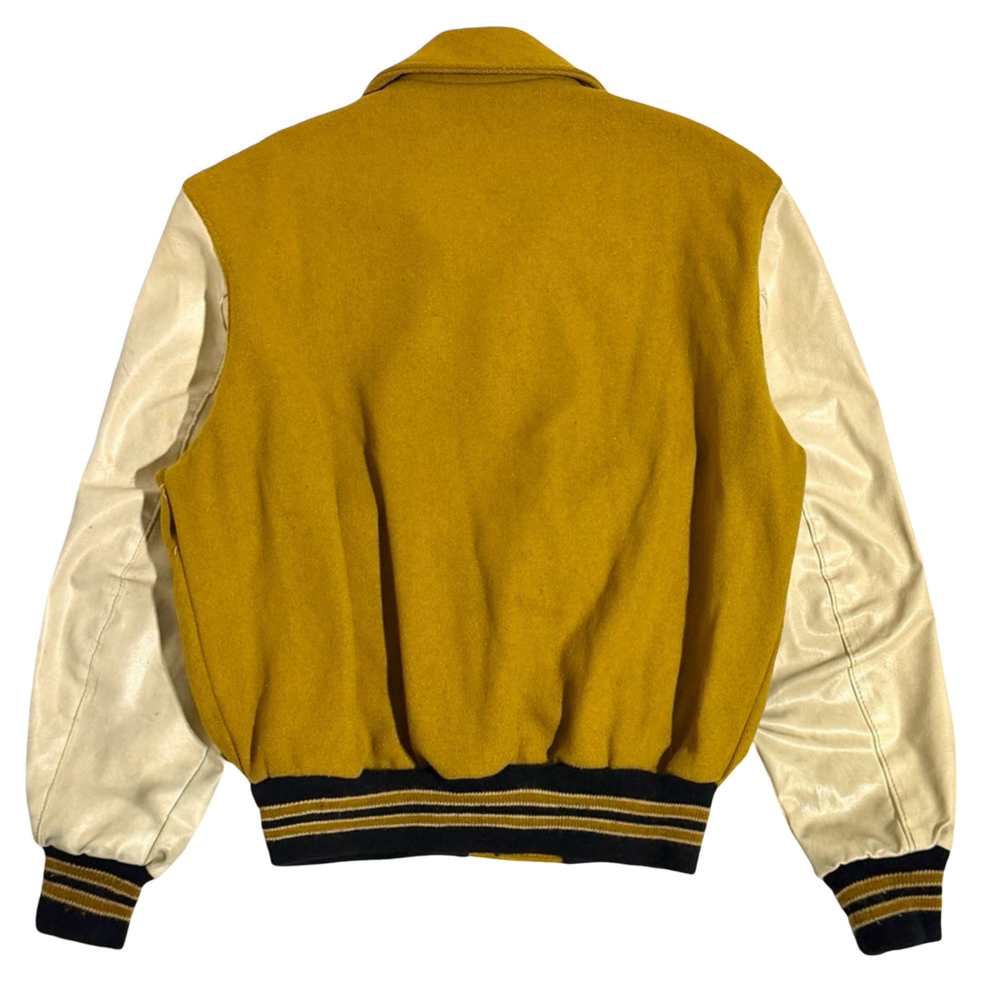 1970’S DELONG SPORTSWEAR MADE IN USA FADED &amp; THRASHED CROPPED MUSTARD / WHITE WOOL VARSITY JACKET LARGE