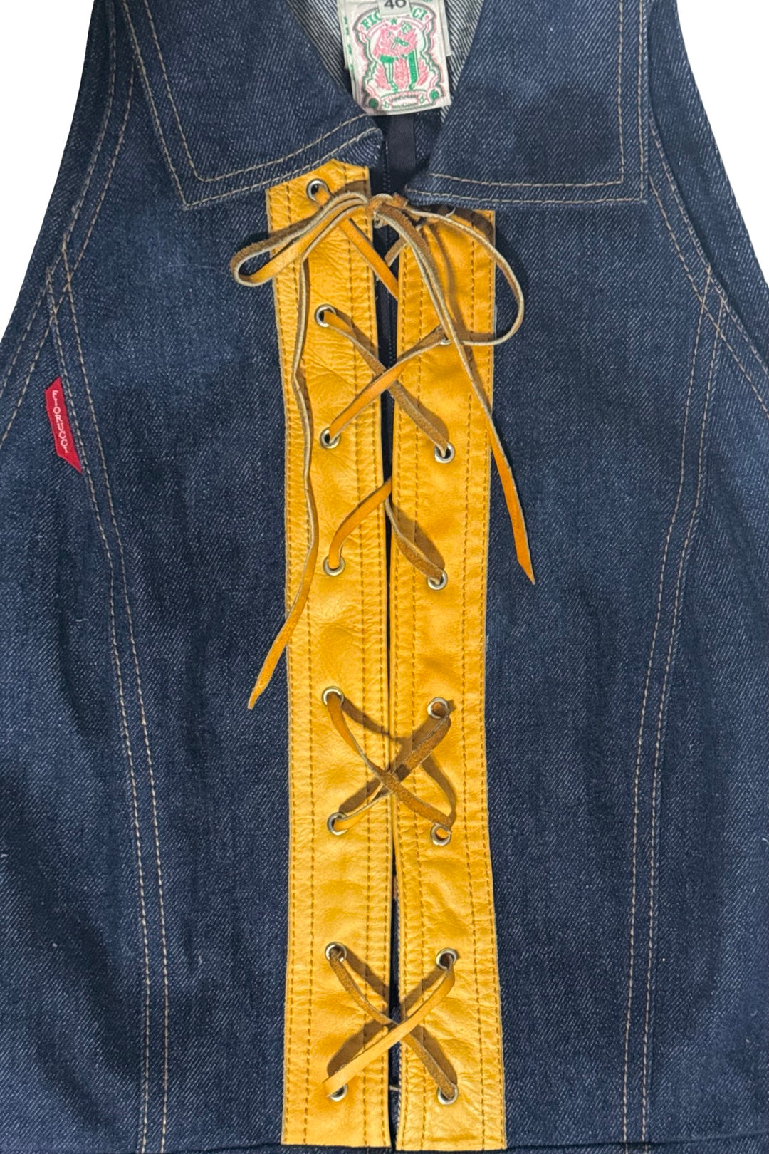 1970’S FIORUCCI SAFETY JEANS MADE IN ITALY DARK WASH DENIM &amp; NATURAL LEATHER DETAIL LACE-UP HALTER DRESS IT 40 / WOMEN’S X-SMALL