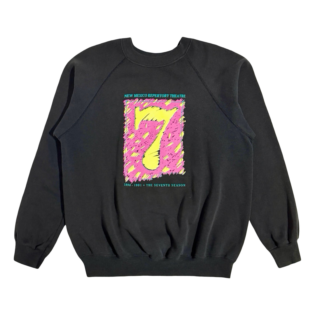 1990’S NEW MEXICO THEATER MADE IN USA FADED BLACK FLEECE RAGLAN SLEEVE L/S CREWNECK SWEATER LARGE