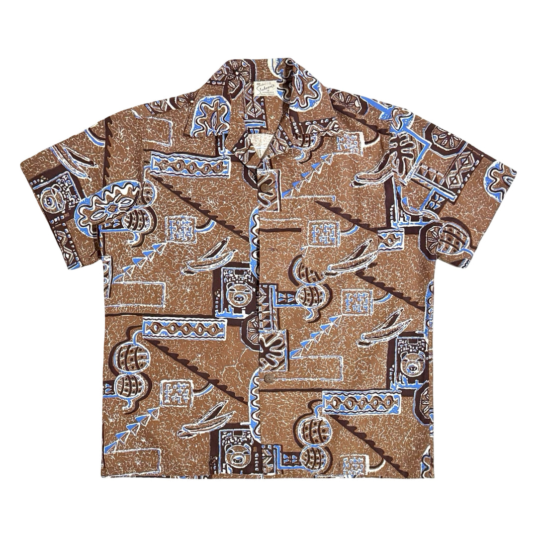 1950’S SHAHEEN’S OF HONOLULU MADE IN USA CROPPED SELVEDGE SURF N’ SAND HANDPRINTS S/S B.D. HAWAIIAN SHIRT LARGE