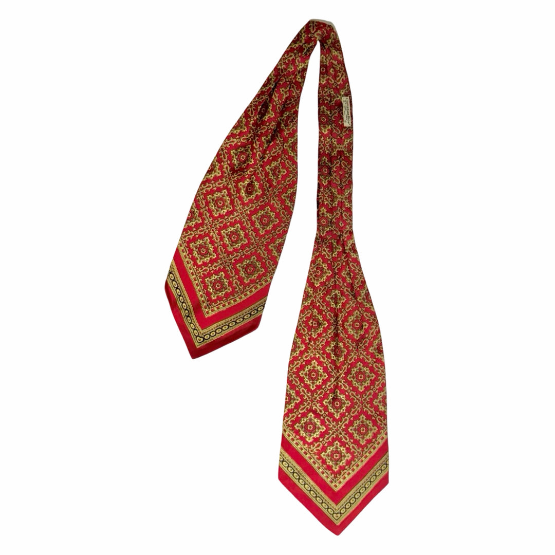 1960’S CHRISTIAN DIOR MADE IN FRANCE 100% SILK ASCOT CRAVAT TIE RED GOLD FOULARD PAISLEY NECK SCARF UNISEX