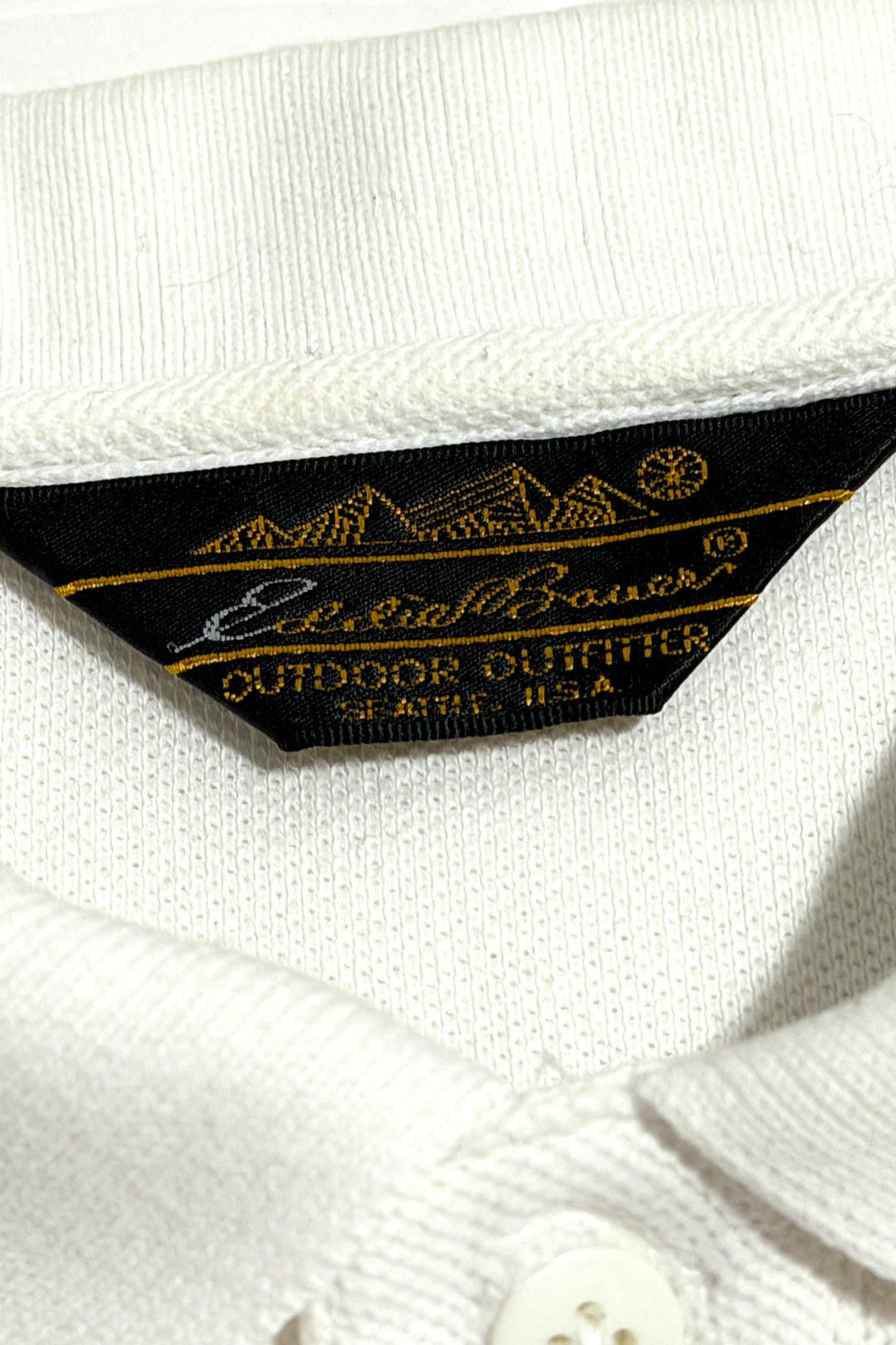 1990’S EDDIE BAUER MADE IN USA KNIT WHITE PIMA COTTON S/S B.D. POLO SHIRT LARGE
