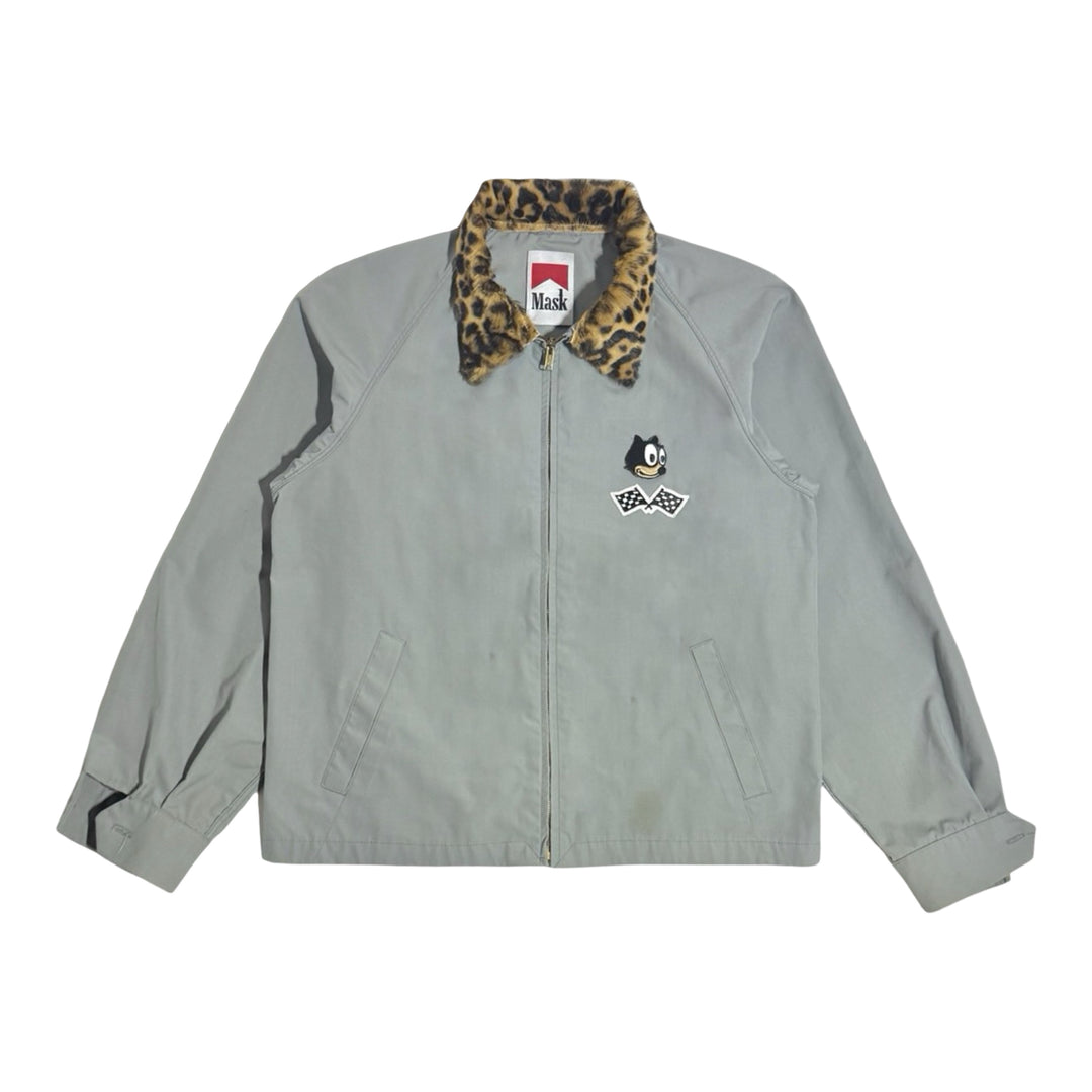 1970’S MASK MADE IN USA CROPPED FELIX THE CAT LEOPARD PRINT FUR COLLAR PATCHED RACING JACKET LARGE