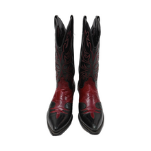 Cargar imagen en el visor de la galería, 1980’S LAREDO MADE IN USA BLACK &amp; RED POINTED TOE LEATHER COWBOY BOOTS 10
