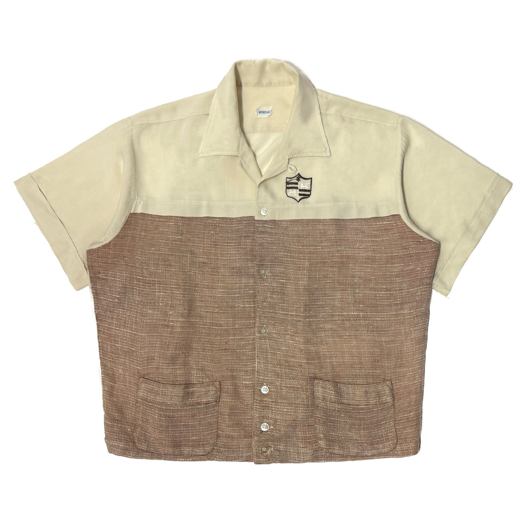 1950’S TAPERED JAC MADE IN USA EMBROIDERED SELVEDGE GABARDINE CROPPED LOOP COLLAR S/S B.D. SHIRT X-LARGE