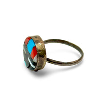 Load image into Gallery viewer, 1970’S ZUNI SUNFACE .925 STERLING SILVER ONYX MOP CORAL TURQUOISE RING SIZE 6
