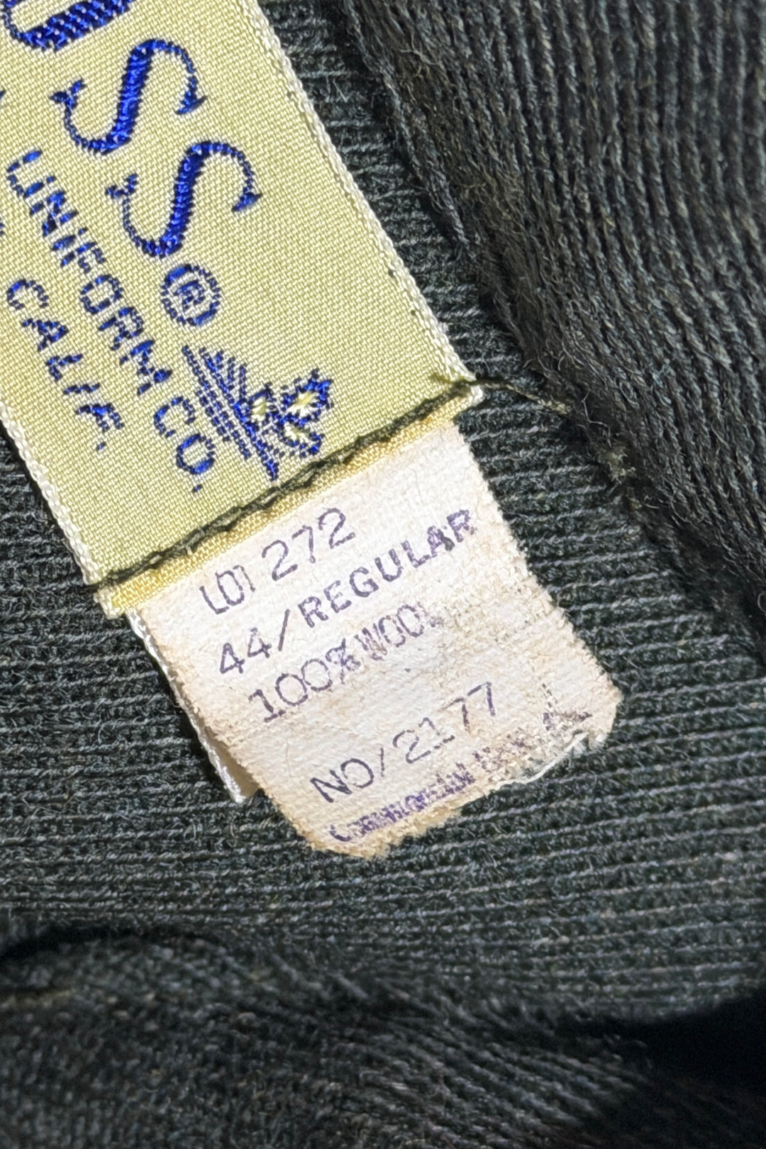 1950’S BOSS COMMERCIAL UNIFORM CO LOS ANGELES MADE IN USA CROPPED OLIVE WOOL WHIPCORD TWILL “STANDARD OIL CALIFORNIA” WORKWEAR JACKET LARGE