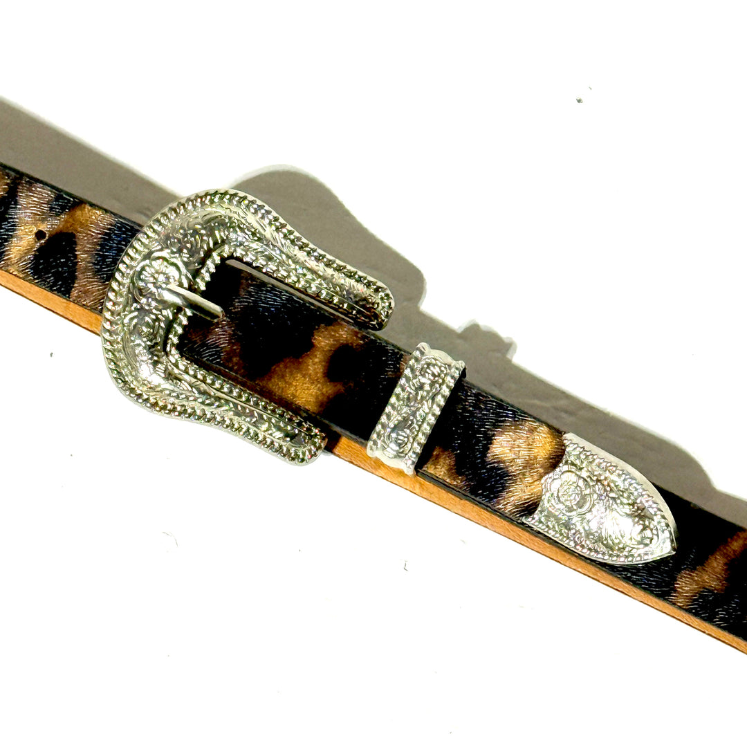 1990’S WESTERN LEOPARD PRINT FAUX LEATHER SKINNY BELT MEDIUM