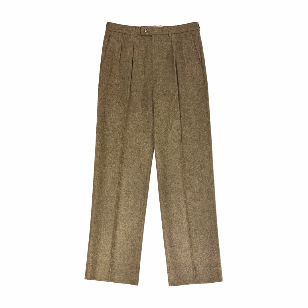 1970’S YVES SAINT LAURENT MADE IN FRANCE WORSTED MARLED BROWN WOOL HIGH WAISTED PLEATED WIDE LEG TROUSER PANTS 32 X 32