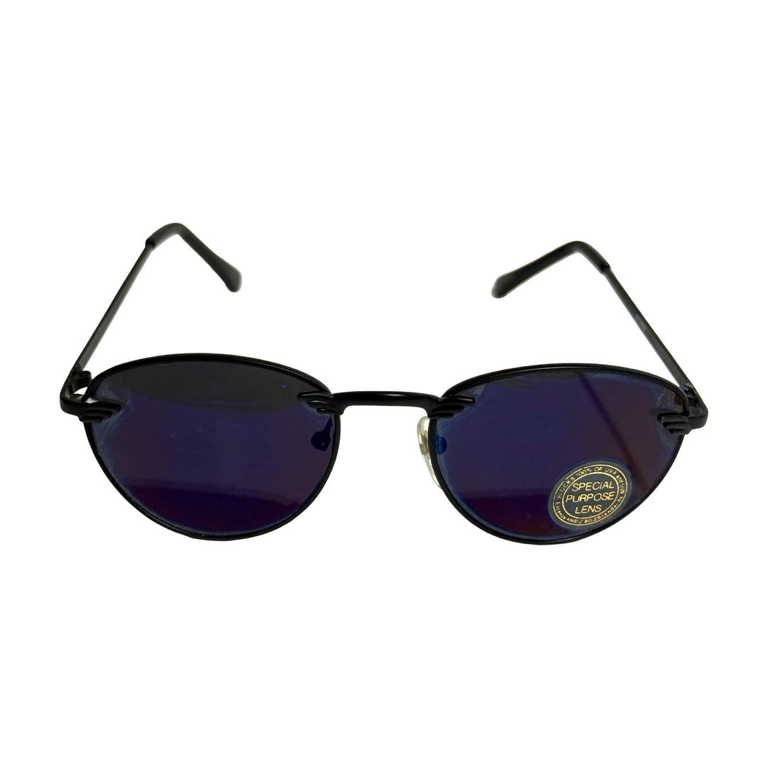 1990’S DEADSTOCK RIMLESS OVAL BLACK WIRE FRAME PURPLE/BLUE LENSE SUNGLASSES
