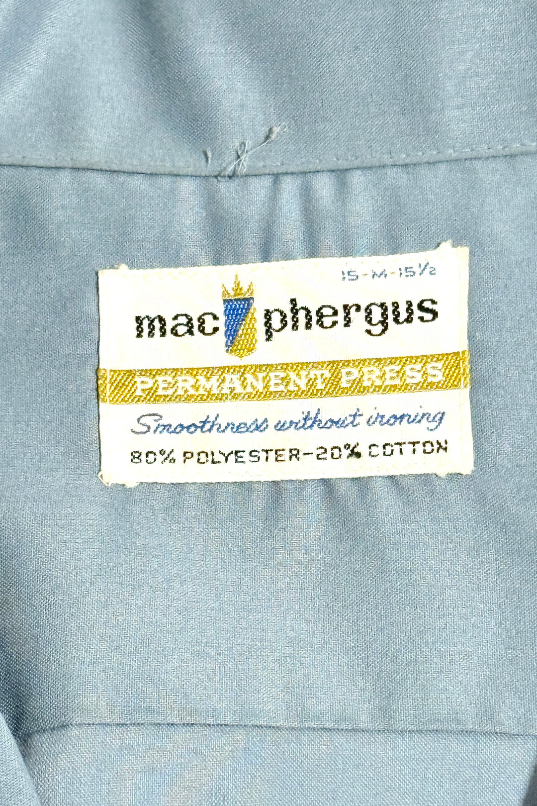1960’S MAC PHERGUS MADE IN USA CROPPED EMBROIDERED CREST SELVEDGE LOOP COLLAR L/S B.D. SHIRT LARGE