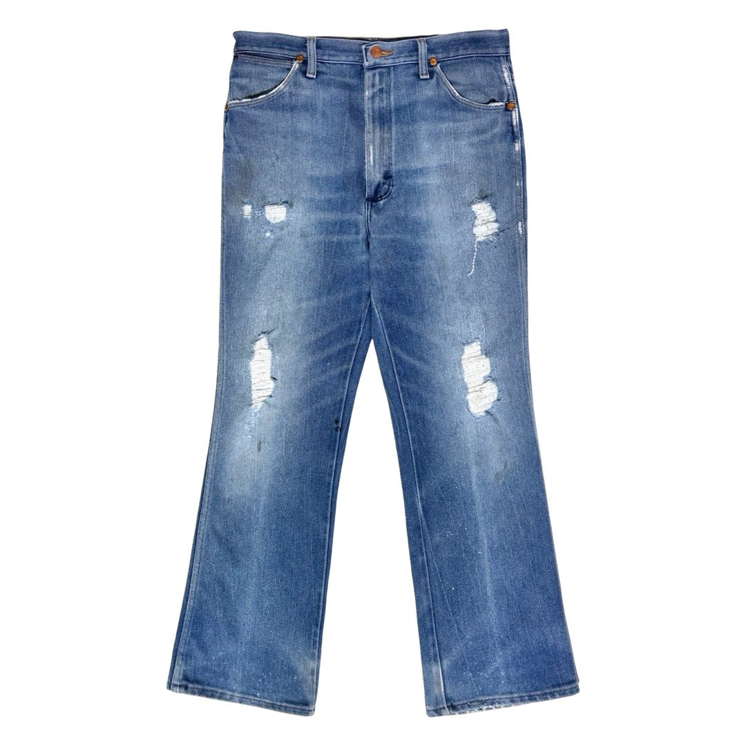 1970’S WRANGLER 937 MADE IN USA THRASHED &amp; FADED LIGHT WASH WESTERN DENIM JEANS 32 X 30