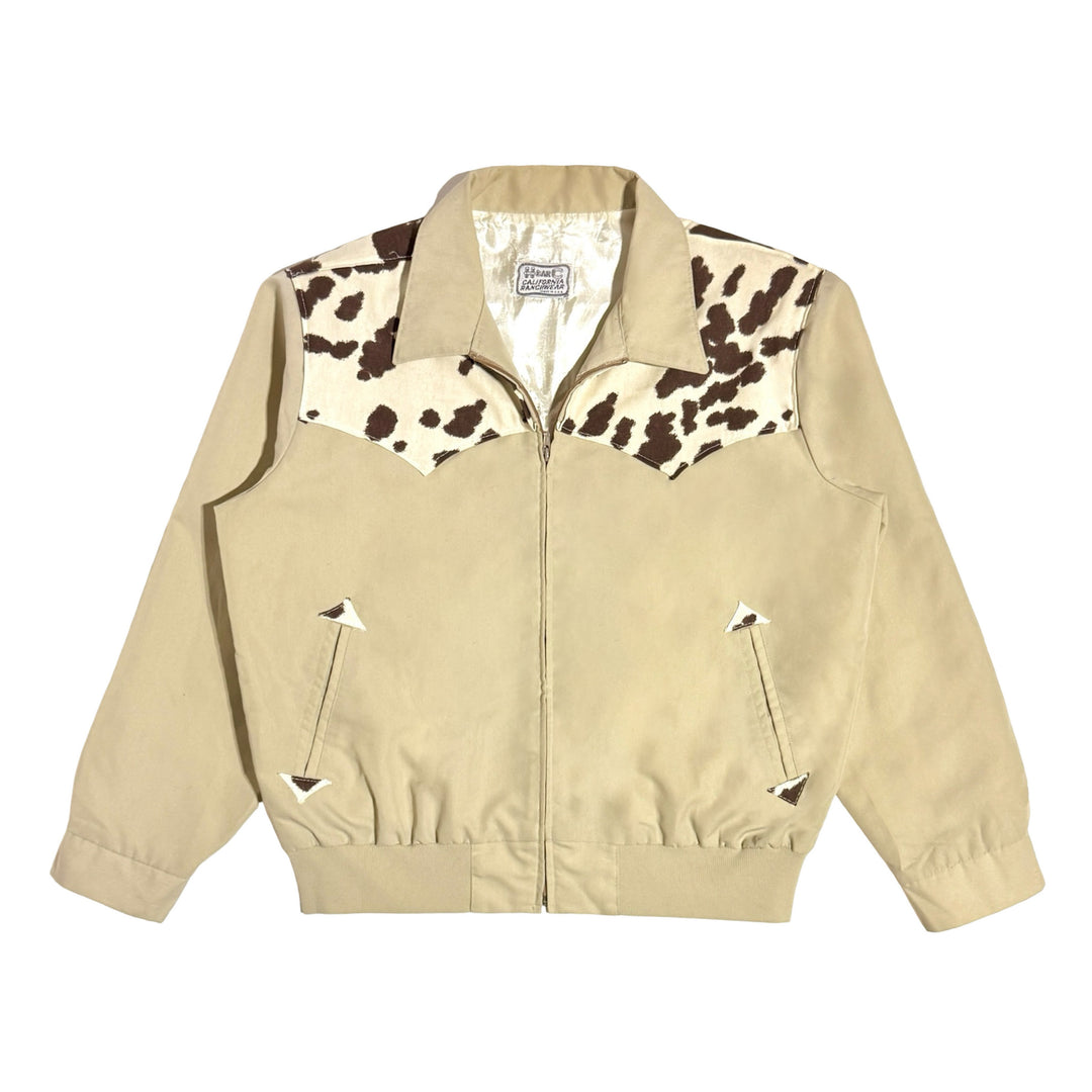 1970’S MASK X H BAR C MADE IN USA CROPPED REMOVABLE LEOPARD PRINT DYED SHEARLING COLLAR NORMANDE COW PRINT YOKE WESTERN BOMBER JACKET X-LARGE