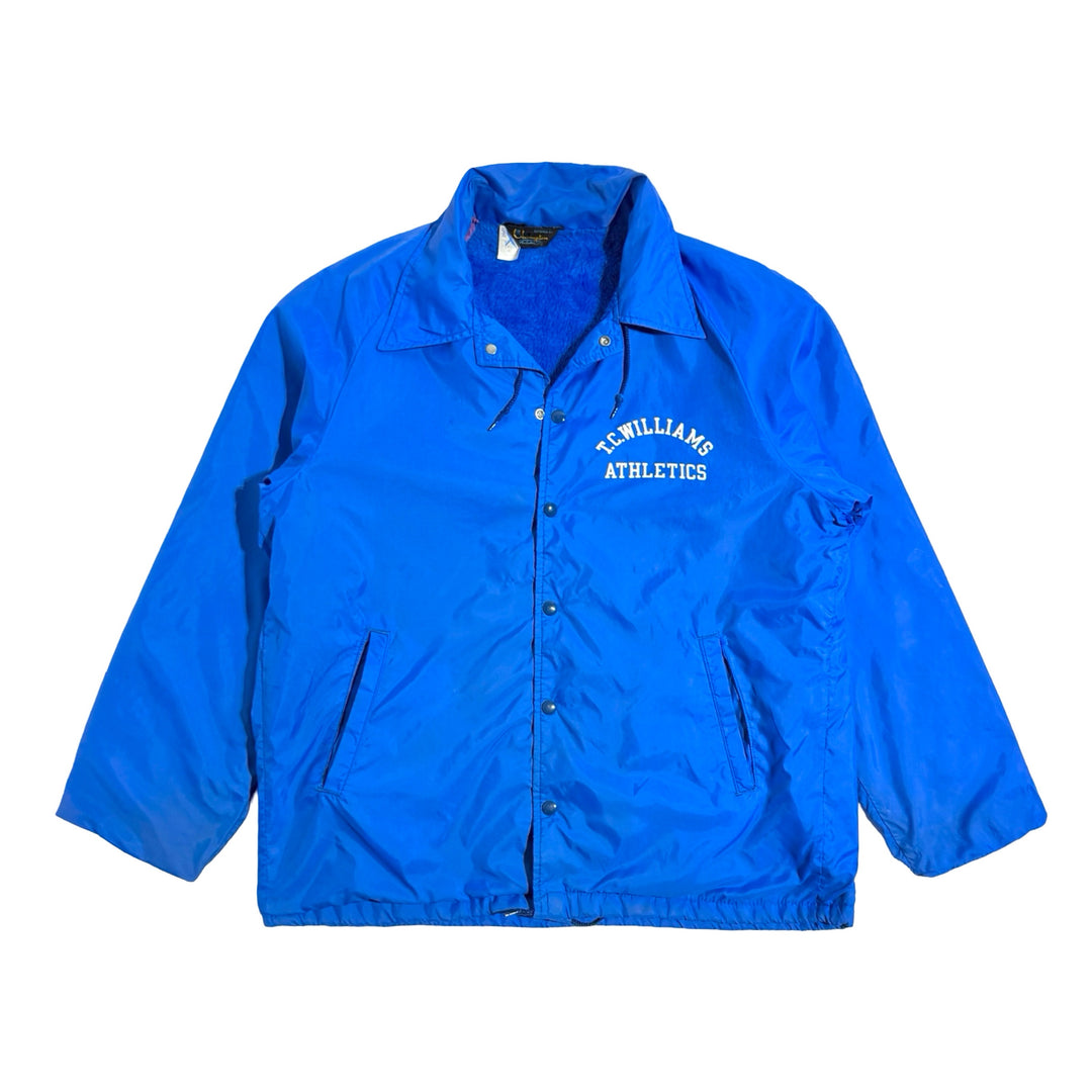 1970’S CHAMPION MADE IN USA T.C. WILLIAMS ATHLETICS SHERPA LINED HOODED COACHES JACKET LARGE