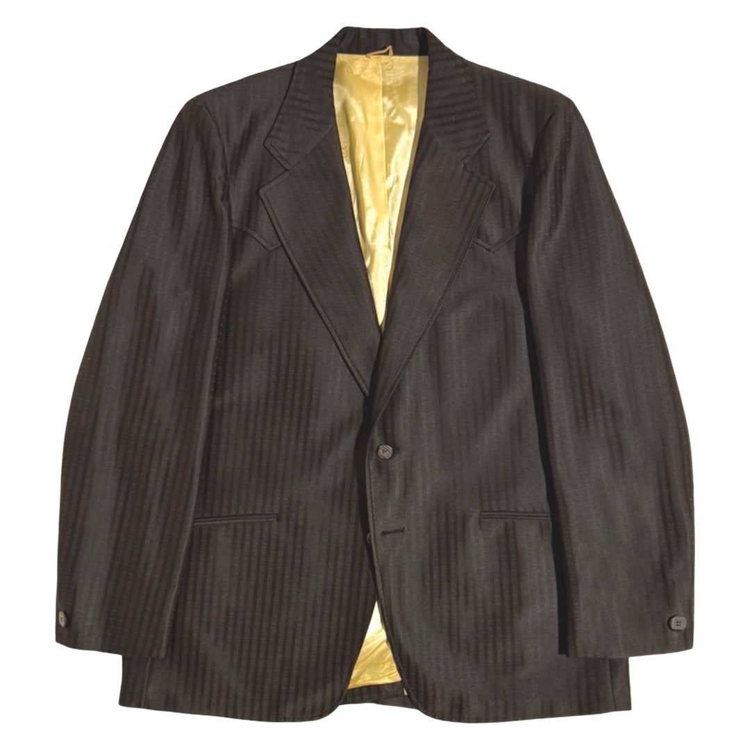 1960’S LASSO WESTERNWEAR MADE IN USA “DALLAS” WESTERN BROWN STRIPED FLARED LEG SUIT 44R