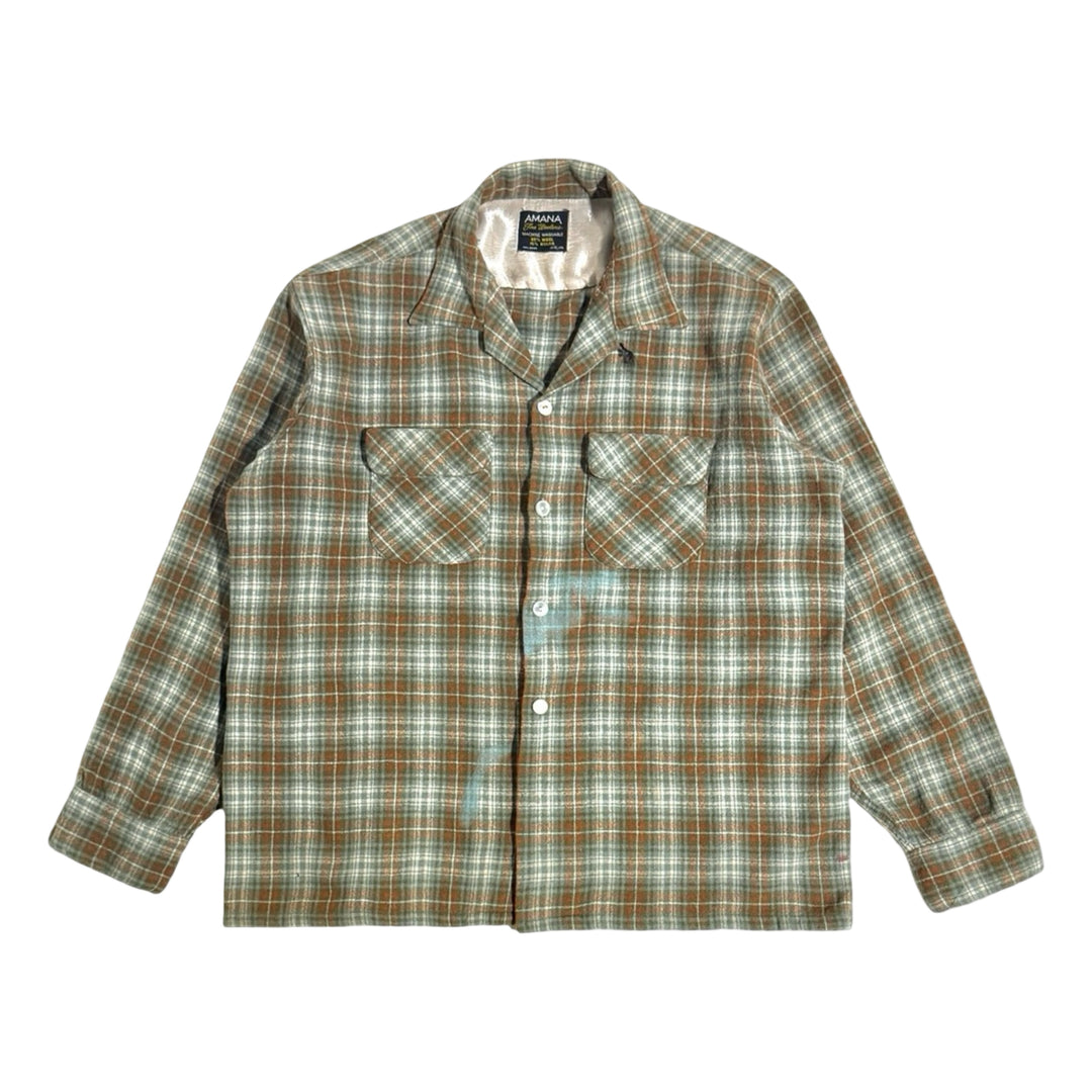 1960’S AMANA FINE WOOLENS MADE IN USA CROPPED WOOL BLEND PLAID LOOP COLLAR FLANNEL L/S B.D. SHIRT LARGE