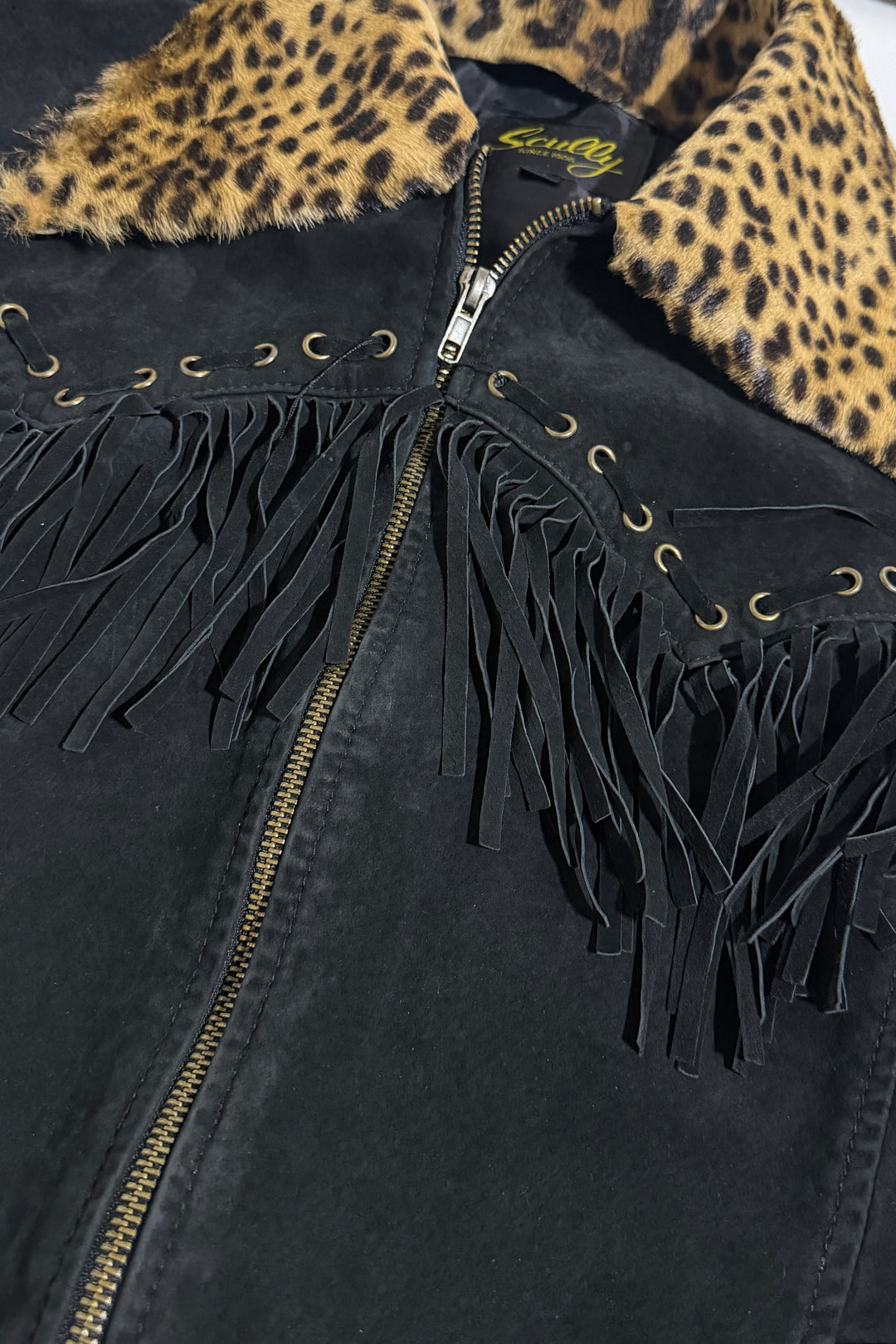 1980’S SCULLY MADE IN USA CROPPED REMOVABLE LEOPARD PRINT PONY COLLAR BRUSHED BLACK SUEDE LEATHER FRINGED WESTERN JACKET LARGE