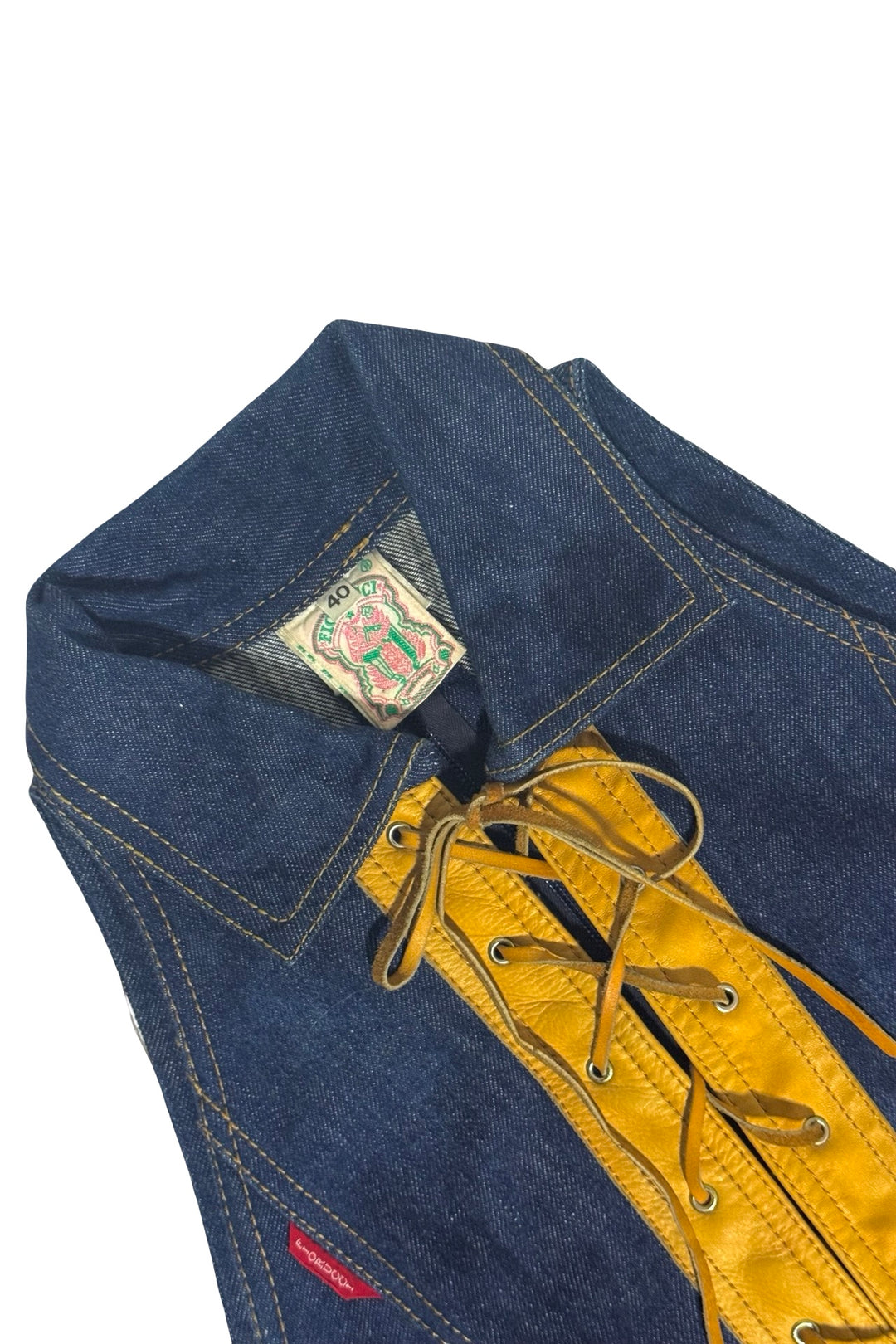 1970’S FIORUCCI SAFETY JEANS MADE IN ITALY DARK WASH DENIM &amp; NATURAL LEATHER DETAIL LACE-UP HALTER DRESS IT 40 / WOMEN’S X-SMALL