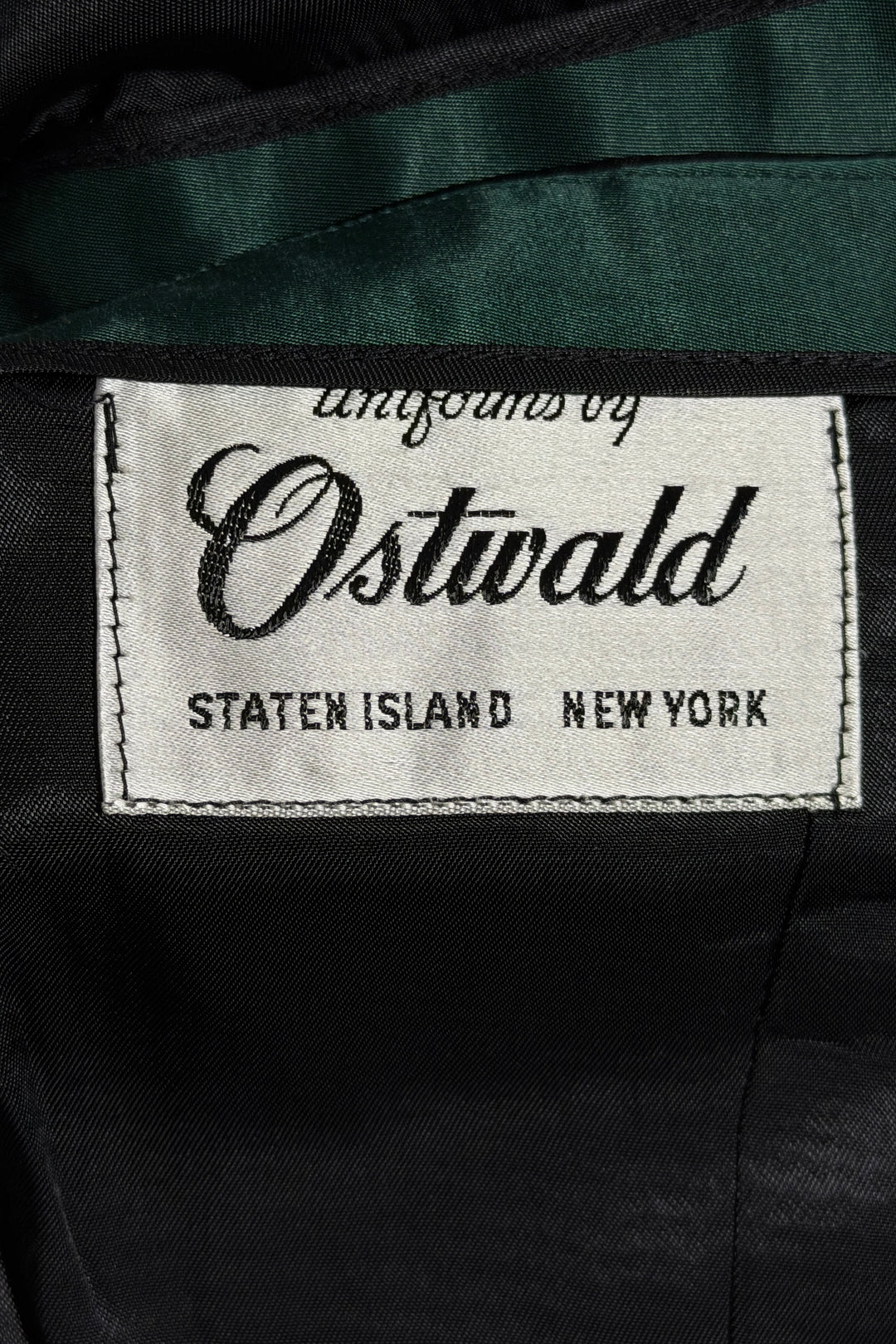 1940’S OSTWALD UNIFORMS NEW YORK UNION MADE IN USA DARK GREEN SATIN SHAWL COLLAR WHIPCORD WOOL TWILL TUXEDO JACKET MEDIUM