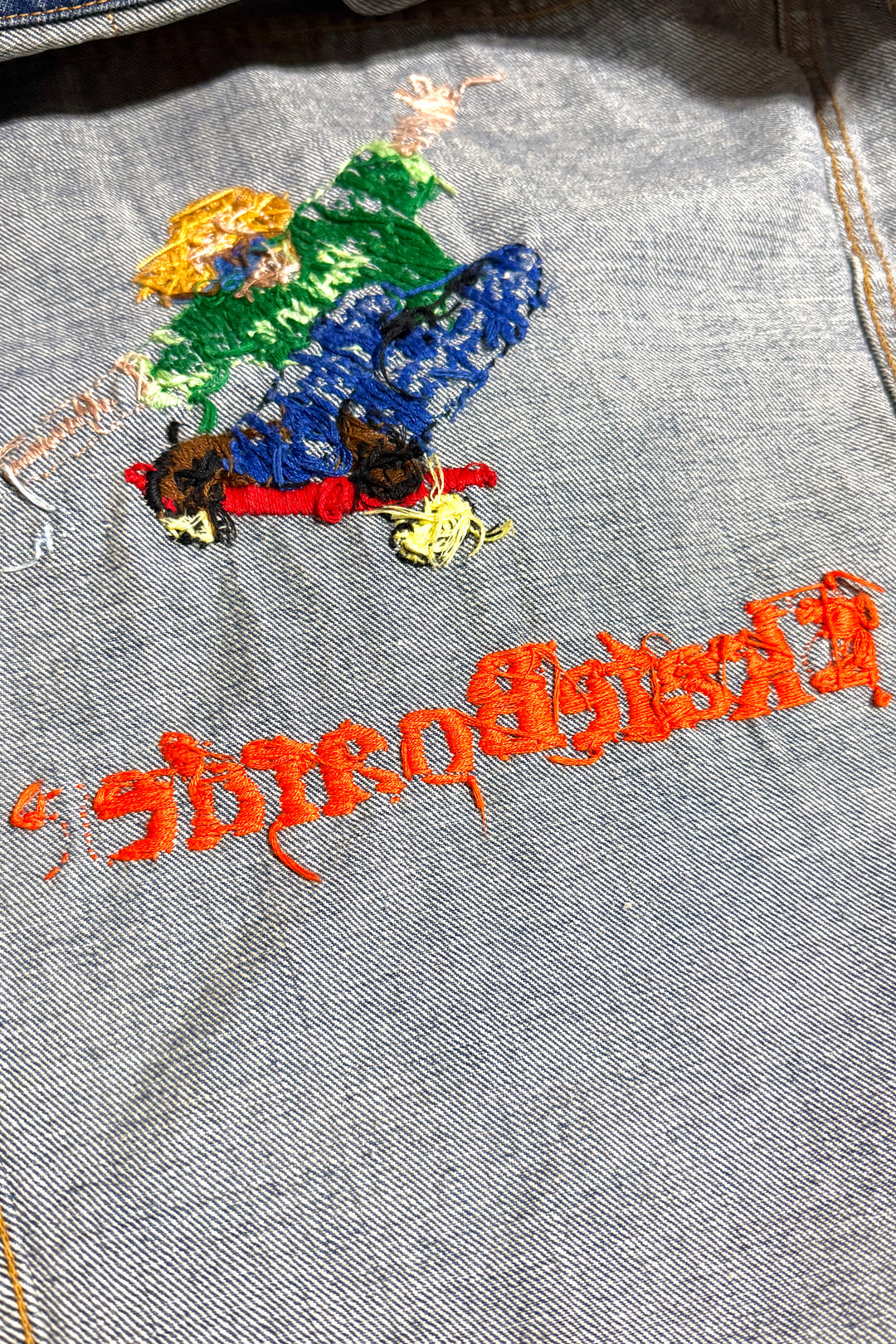 1970’S LEVI’S X SKATEBOARDER MAGAZINE TYPE III HAND EMBROIDERED FOR WARREN BOLSTER DENIM TRUCKER JACKET 42 LARGE